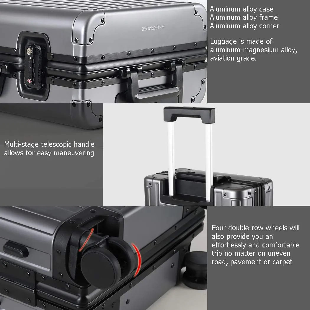 20-inch Aluminum Carry-On Suitcase: Gunmetal Gray - Full Metal Shell - Crush-Resistant & Burst-Proof, TSA Lock & Spinner Wheels for Business Travel - Men Women