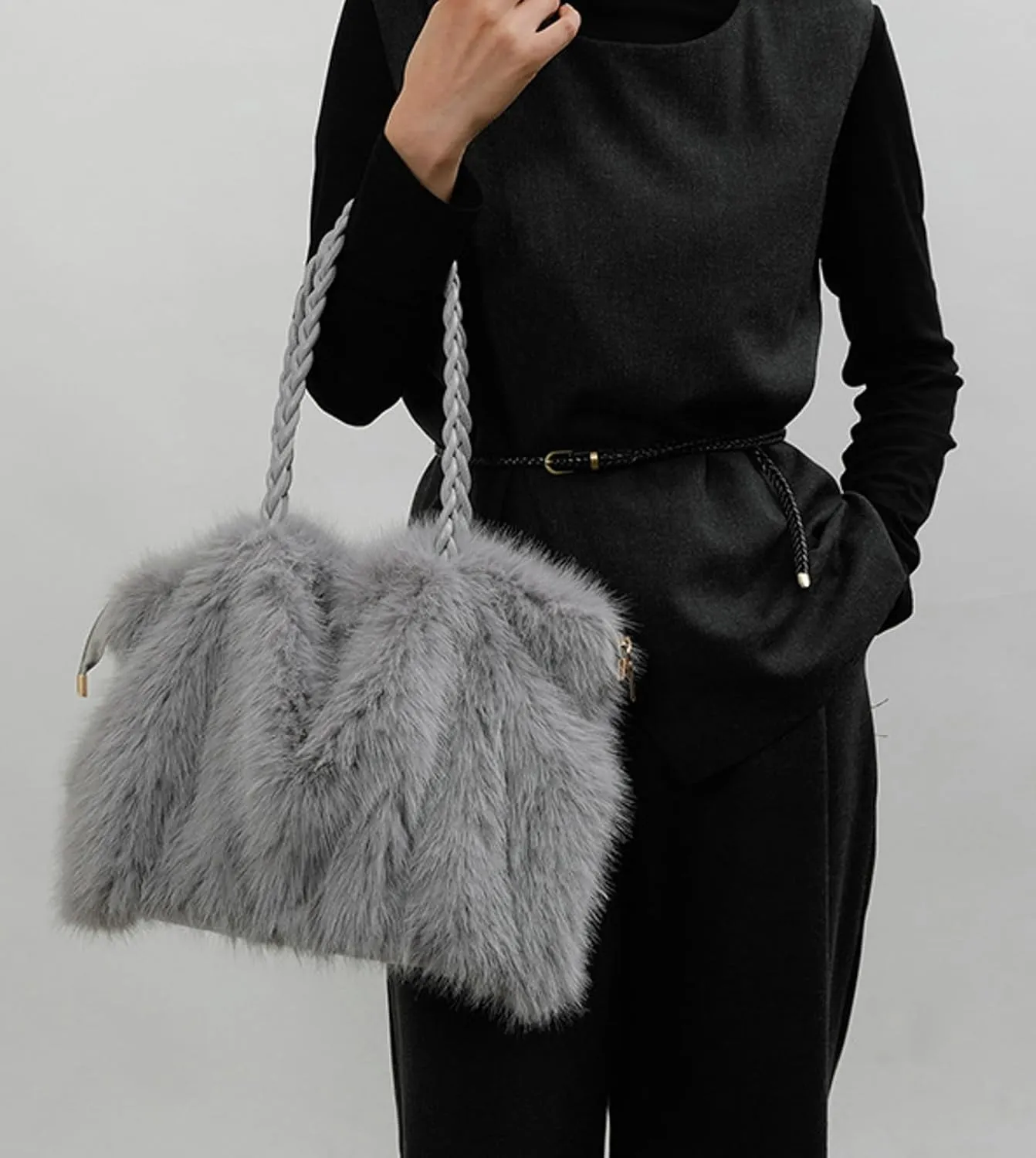 2024 Fall Winter Womens Plush Tote Bag Furry Handbag Wrinkled Shoulder Bag Crossbody Plush Bag