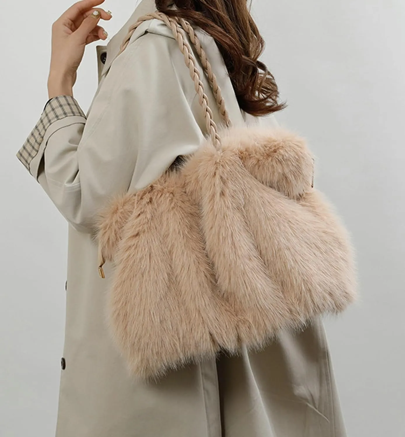 2024 Fall Winter Womens Plush Tote Bag Furry Handbag Wrinkled Shoulder Bag Crossbody Plush Bag