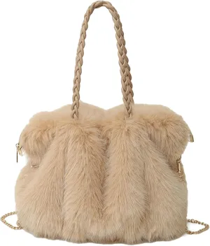 2024 Fall Winter Womens Plush Tote Bag Furry Handbag Wrinkled Shoulder Bag Crossbody Plush Bag