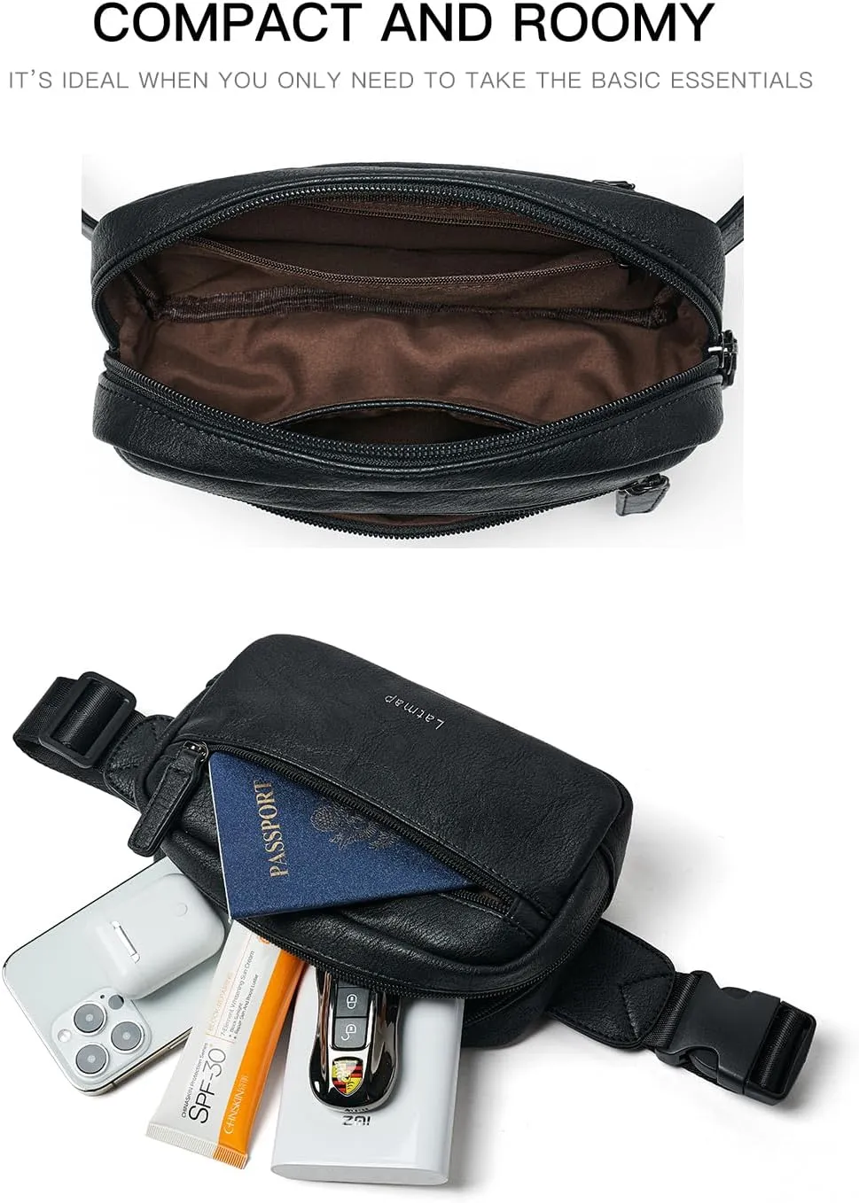 2L Fanny Packs Everywhere Belt Bag Small Fashion Crossbody Waist Pack Faux Leather Waterproof Sling Chest Bag For Women Trendy Black