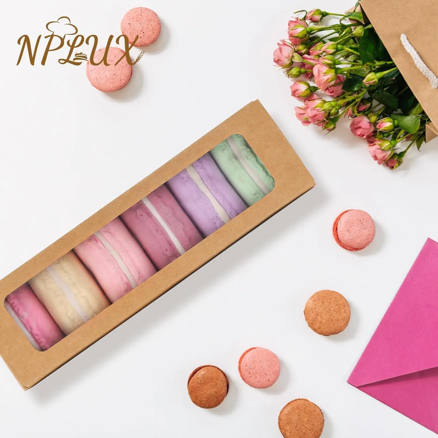 36 Pack Macaron Boxes for 5-7 Macarons Container Packaging Strawberry Candies Sweets Boxes with Sticker for Gift Giving(Brown)