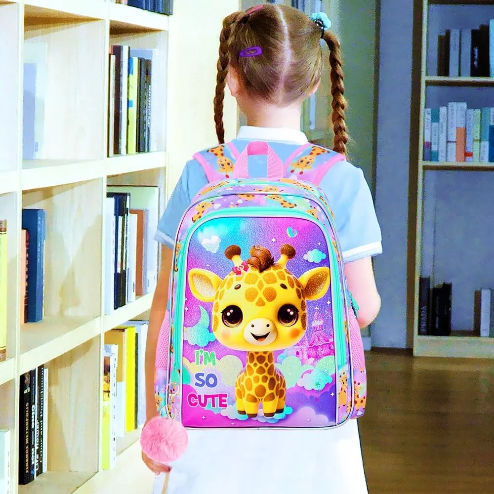 3Pcs Backpack for Girls, 16" Kids Bookbag with Lunch Box, Giraffe School Backpacks Set for Elementary Preschool Kindergarten(Pink)