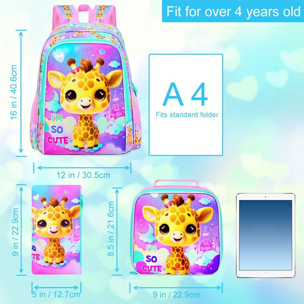 3Pcs Backpack for Girls, 16" Kids Bookbag with Lunch Box, Giraffe School Backpacks Set for Elementary Preschool Kindergarten(Pink)
