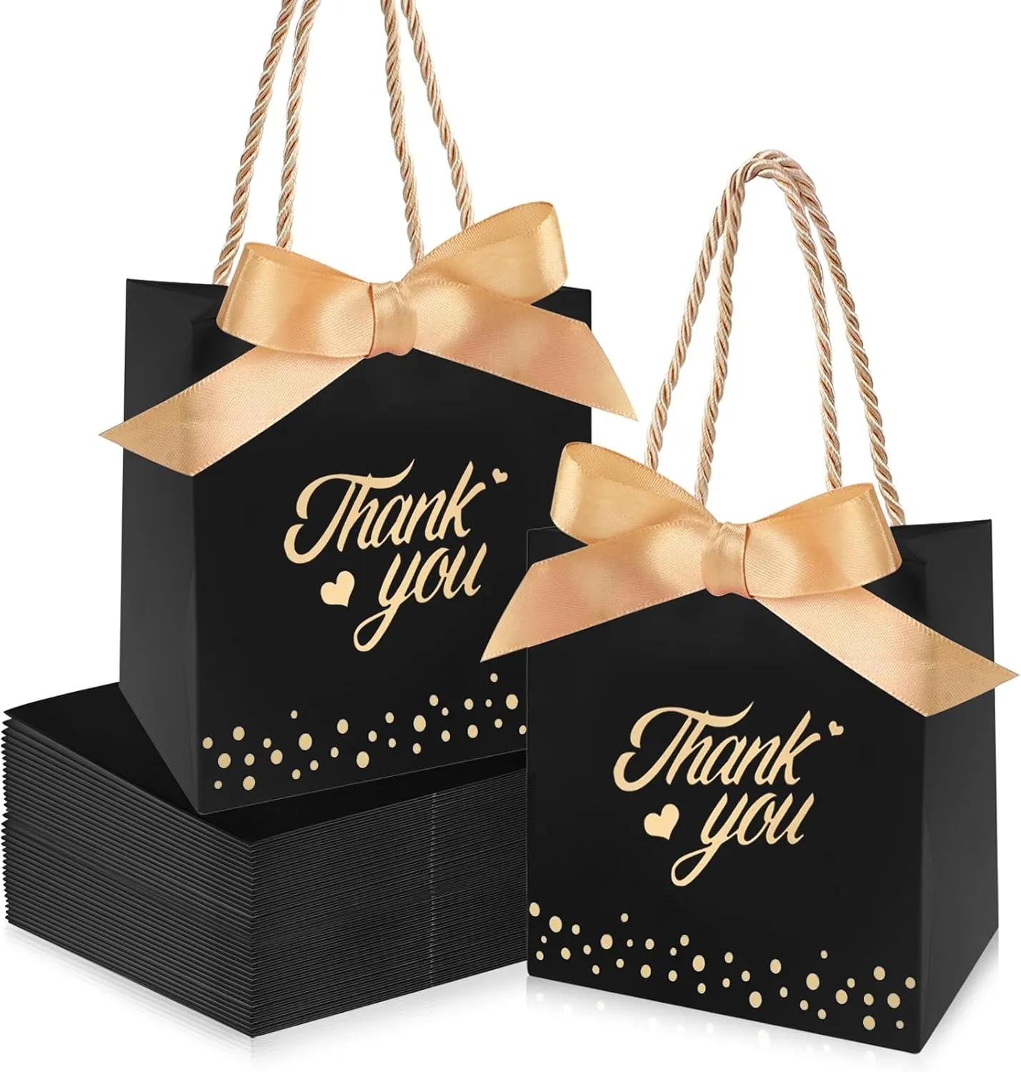 50 PCS Black Gift Bags with Handles, Small Party Favor Thank You Gift Bag, Sturdy Paper Bags with Ribbon for Birthday, Wedding, Baby Bridal Shower, Graduation Party Favor ( 5.9'' x 3.14'' x 5.11'')