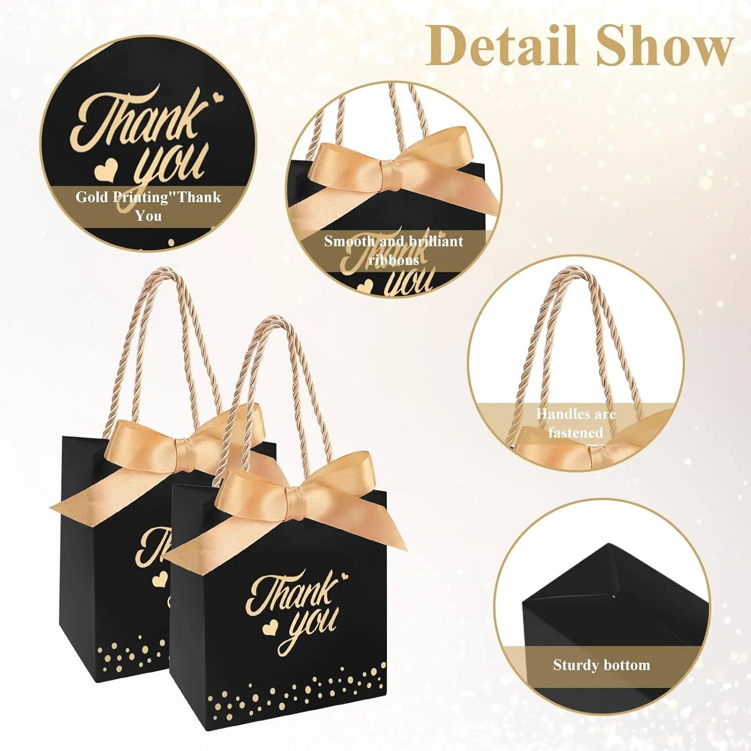50 PCS Black Gift Bags with Handles, Small Party Favor Thank You Gift Bag, Sturdy Paper Bags with Ribbon for Birthday, Wedding, Baby Bridal Shower, Graduation Party Favor ( 5.9'' x 3.14'' x 5.11'')