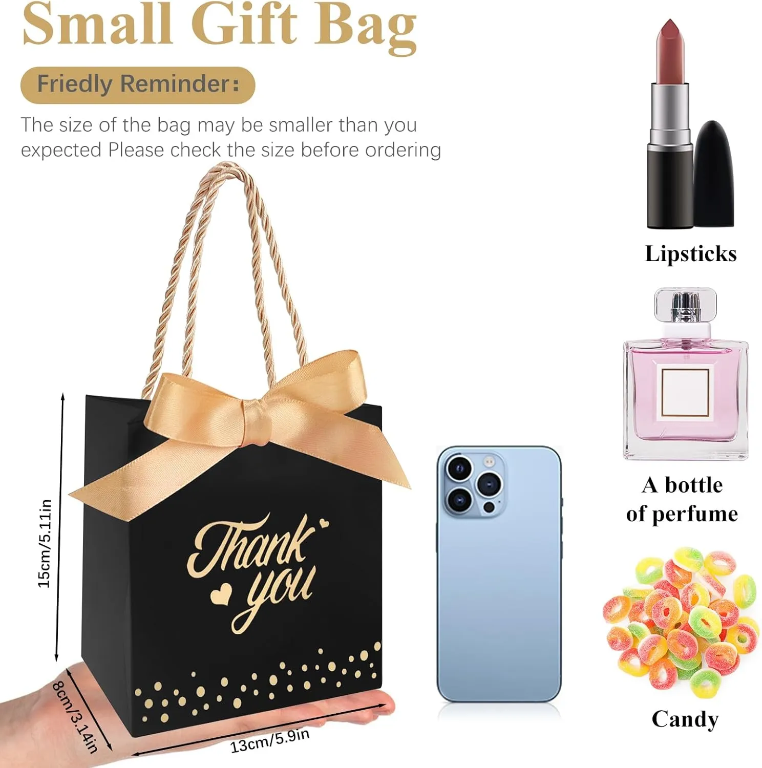 50 PCS Black Gift Bags with Handles, Small Party Favor Thank You Gift Bag, Sturdy Paper Bags with Ribbon for Birthday, Wedding, Baby Bridal Shower, Graduation Party Favor ( 5.9'' x 3.14'' x 5.11'')