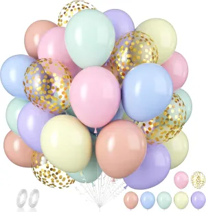 60 PCS Pastel Latex Balloons - 12 Inch Macaron Pink Blue Purple Green Yellow Orange Color Balloon Gold Confetti for Birthday Baby Shower Wedding Rainbow Party Decorations