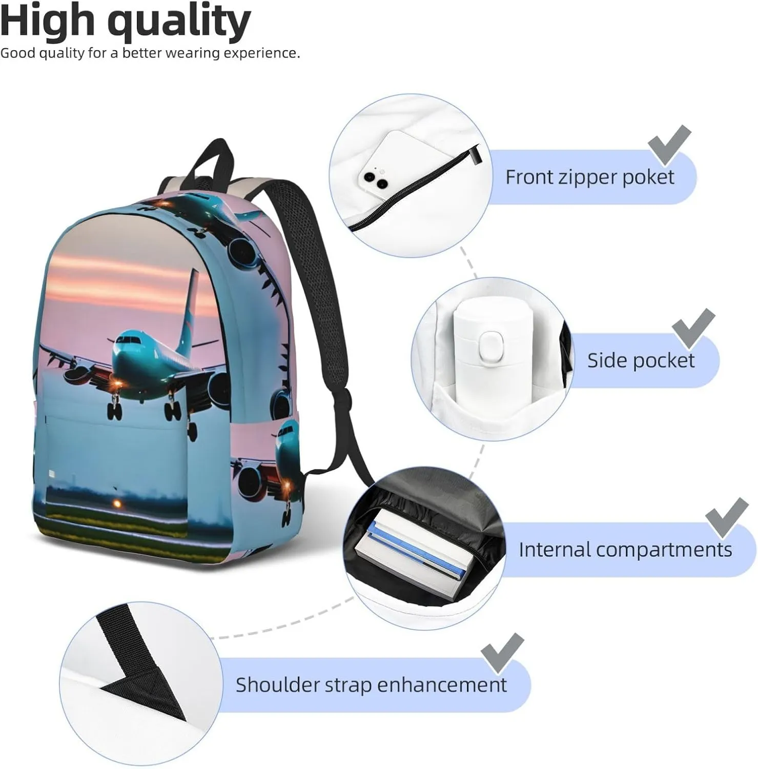 Airplane In The Evening Lights Print Laptop Backpack For Women Travel Canvas Bookbag For Men Outdoor Fashion Casual Daypack