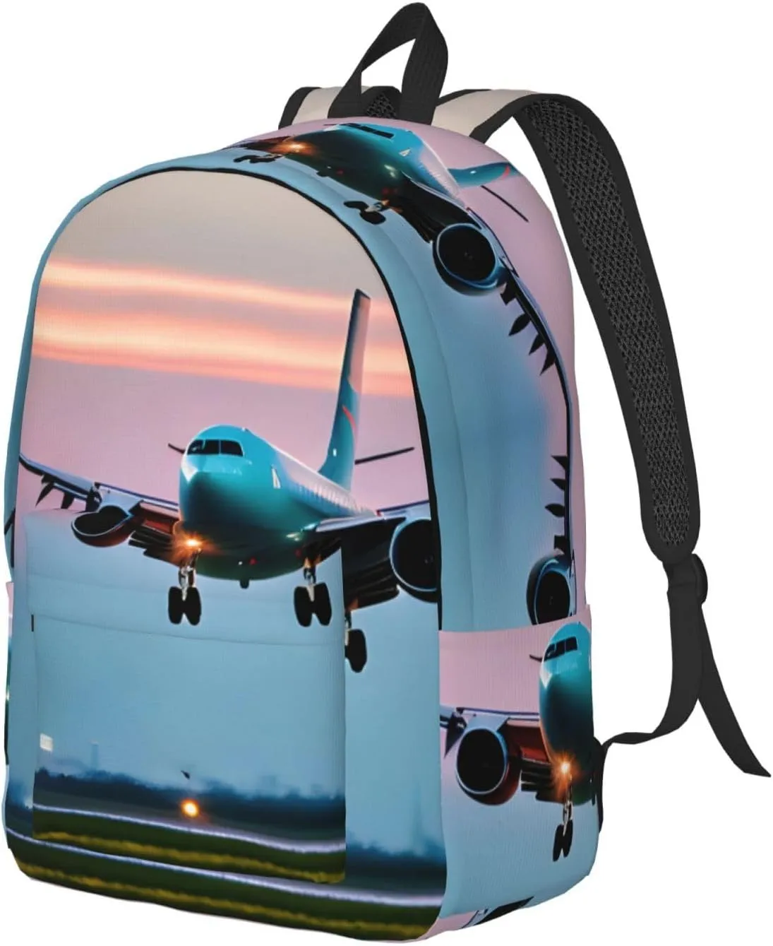 Airplane In The Evening Lights Print Laptop Backpack For Women Travel Canvas Bookbag For Men Outdoor Fashion Casual Daypack