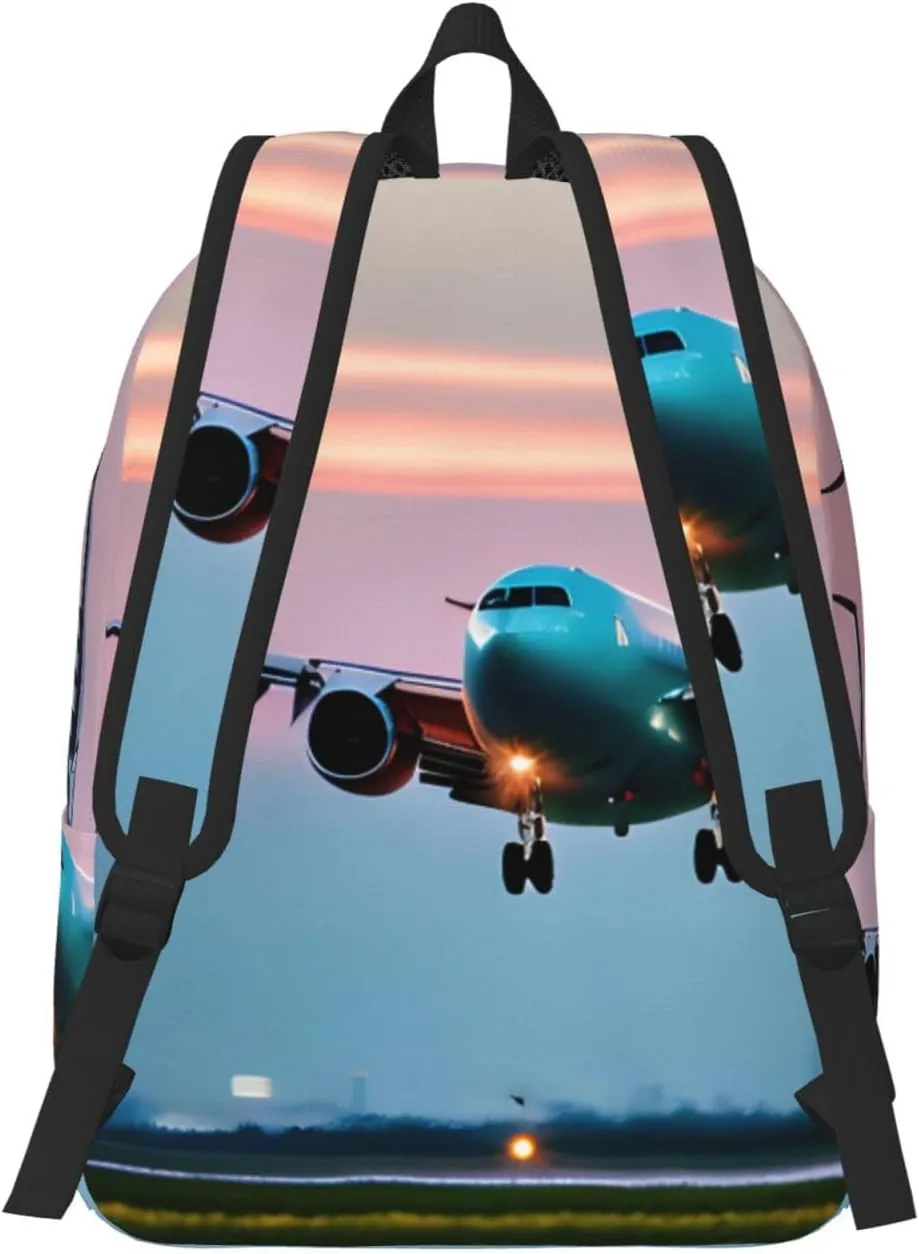 Airplane In The Evening Lights Print Laptop Backpack For Women Travel Canvas Bookbag For Men Outdoor Fashion Casual Daypack