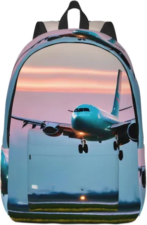 Airplane In The Evening Lights Print Laptop Backpack For Women Travel Canvas Bookbag For Men Outdoor Fashion Casual Daypack
