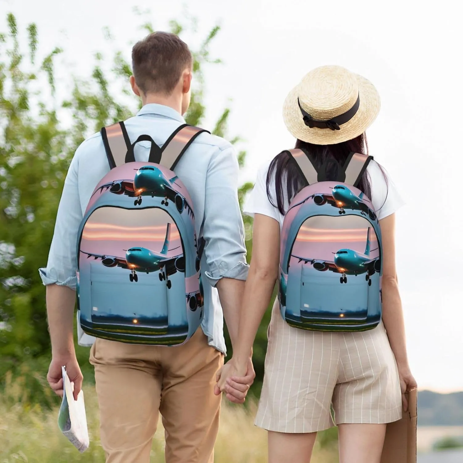 Airplane In The Evening Lights Print Laptop Backpack For Women Travel Canvas Bookbag For Men Outdoor Fashion Casual Daypack