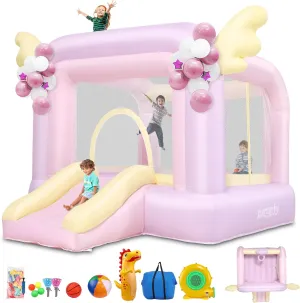 AKEYDIY Inflatable Bounce House for Kids, 106'' x 85'' x 80'' Macaron Jumping House with Slide, Balloons, Catch Ball Set, Punching Bag, Beach Ball, Basketball, Indoor Outdoor Birthday Party Gifts