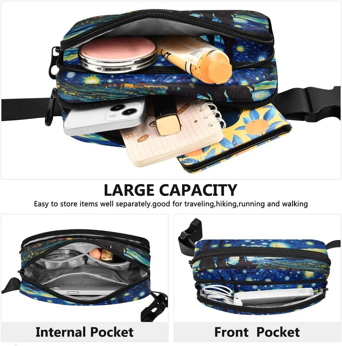 ALAZA Starry Night Mountain Art Waist Packs Spot Belt Bag Crossbody Bag Fanny Pack Pouch for Men Women Hiking Running Cycling Traveling