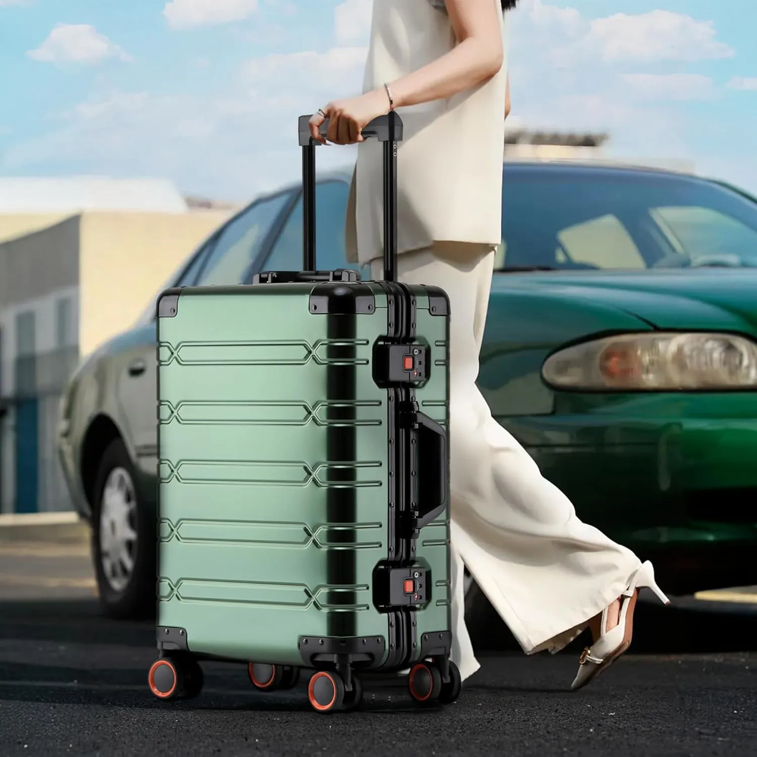 All Aluminum Carry On Luggage 22x14x9 Airline Approved Hard Shell Suitcases with Spinner Wheels Zipperless Luggage 20 inch Carry On Suitcase, Dark Green
