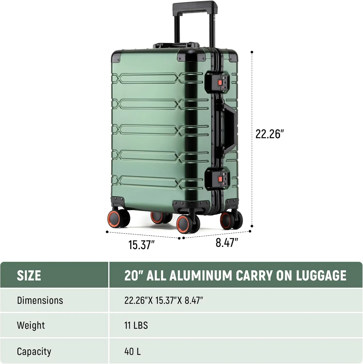All Aluminum Carry On Luggage 22x14x9 Airline Approved Hard Shell Suitcases with Spinner Wheels Zipperless Luggage 20 inch Carry On Suitcase, Dark Green