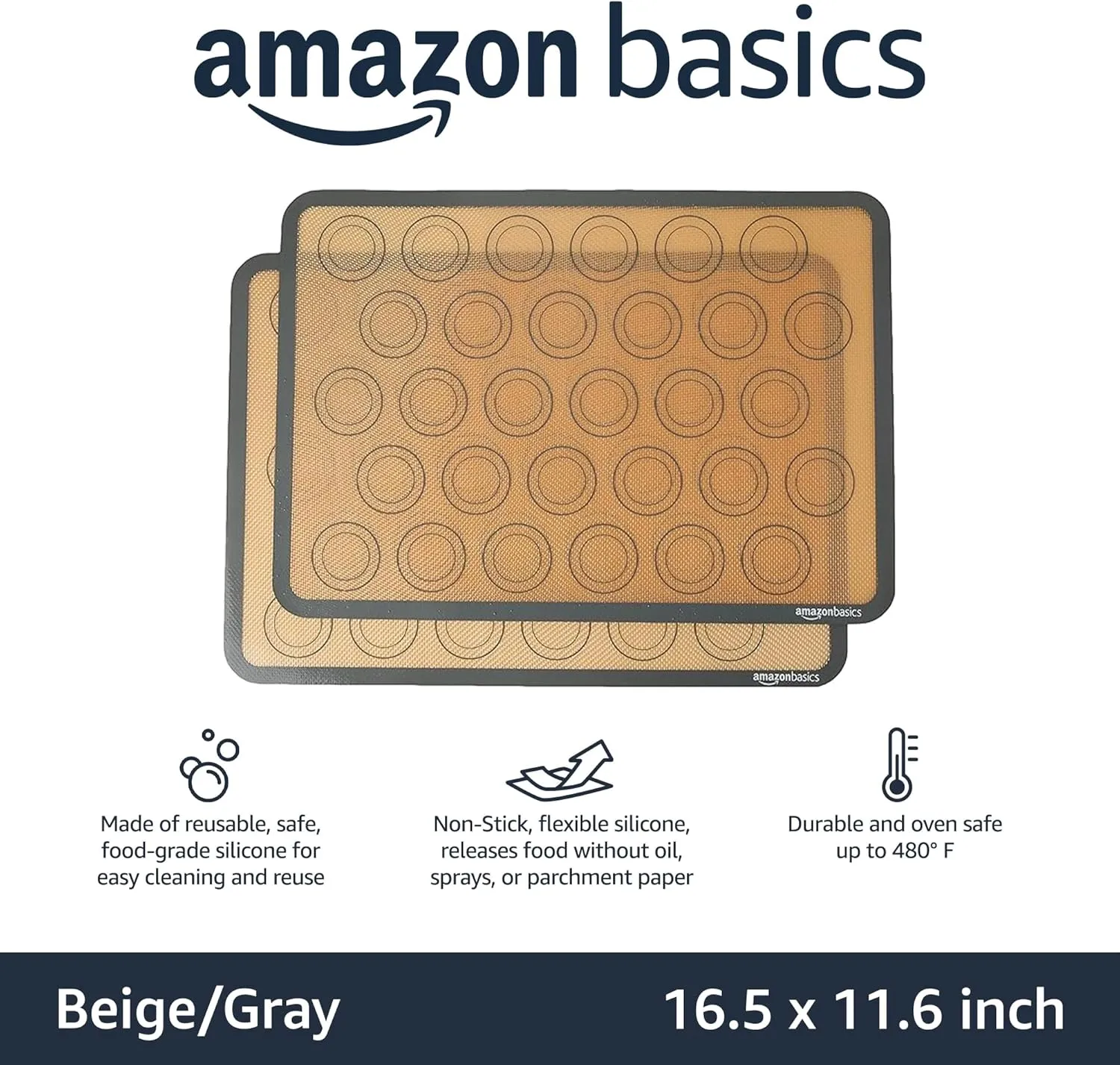 Amazon Basics Silicone, Non-Stick, Food Safe Baking Mat, Macaron, Pack of 2, Beige/Gray, Rectangular, 16.5" x 11.6"