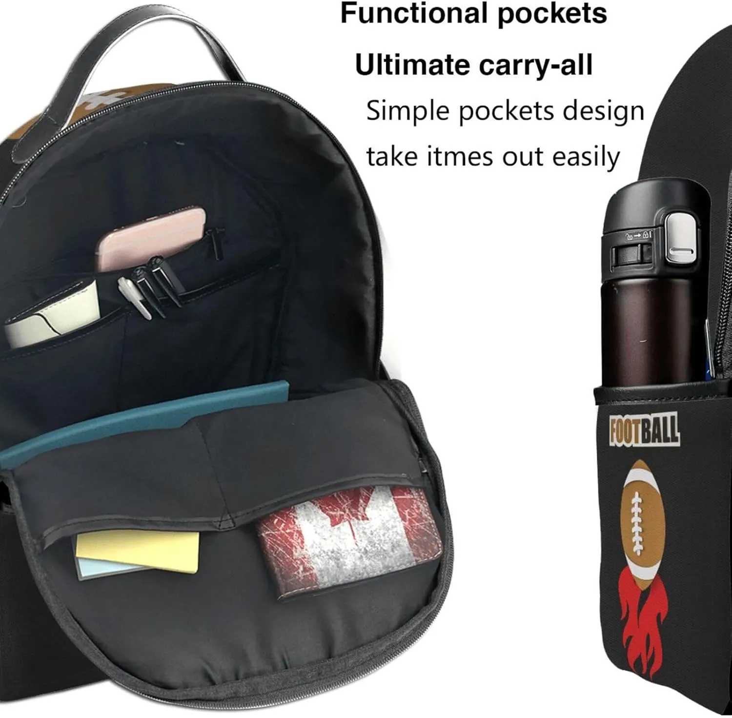 American Football With Flames Backpack Lightweight Laptop Backpacks Casual Double Shoulder Backpack For Women Men Travel