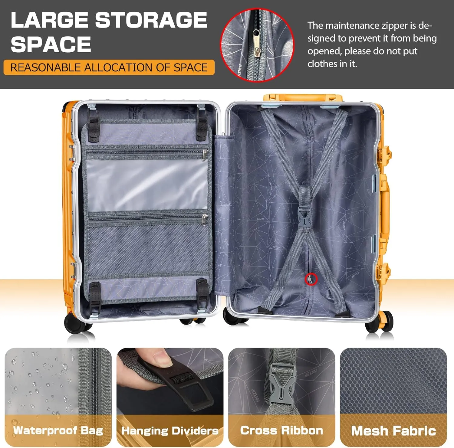 AnyZip Luggage PC ABS Aluminum Frame Zipperless Checked Luggage Hard Shell Suitcase with TSA Lock Double Spinner Wheels 24 Inch Orange