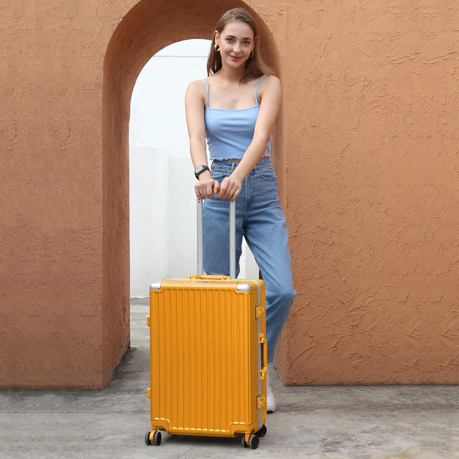AnyZip Luggage PC ABS Aluminum Frame Zipperless Checked Luggage Hard Shell Suitcase with TSA Lock Double Spinner Wheels 24 Inch Orange