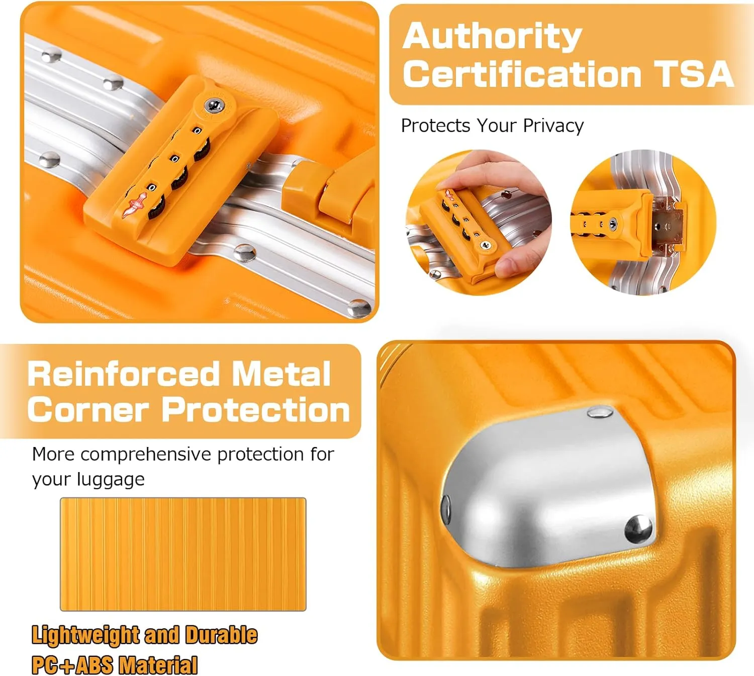 AnyZip Luggage PC ABS Aluminum Frame Zipperless Checked Luggage Hard Shell Suitcase with TSA Lock Double Spinner Wheels 24 Inch Orange