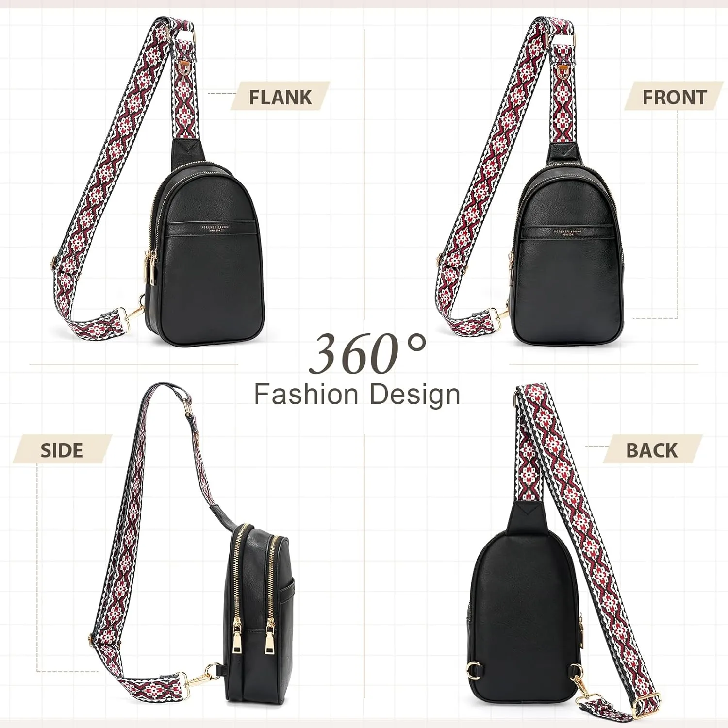 APHISON Small Sling Bag Fanny Packs Cell Phone Purse Vegan Leather Crossbody Bags for Women Chest Bag with Adjustable Strap Black