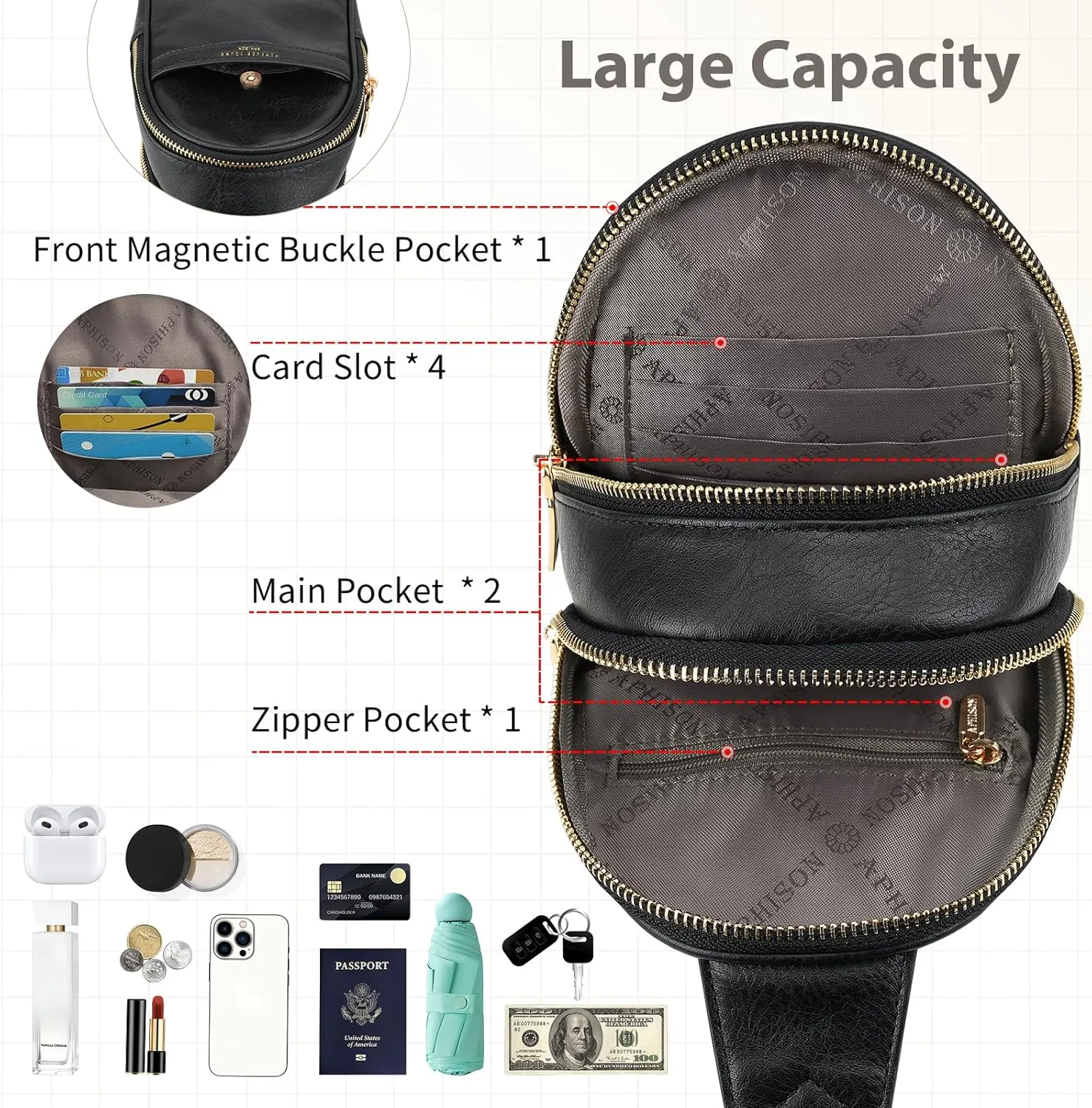 APHISON Small Sling Bag Fanny Packs Cell Phone Purse Vegan Leather Crossbody Bags for Women Chest Bag with Adjustable Strap Black