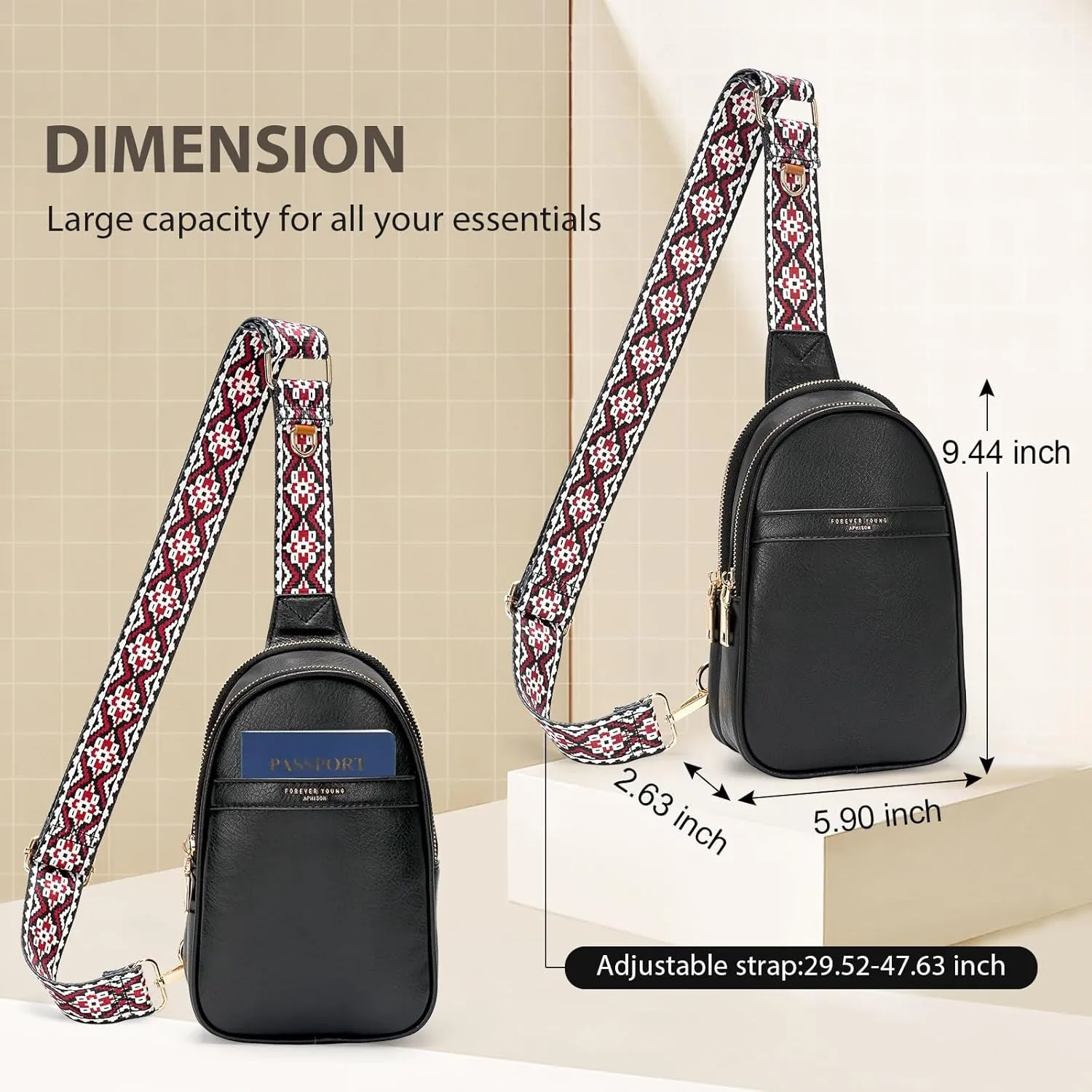 APHISON Small Sling Bag Fanny Packs Cell Phone Purse Vegan Leather Crossbody Bags for Women Chest Bag with Adjustable Strap Black