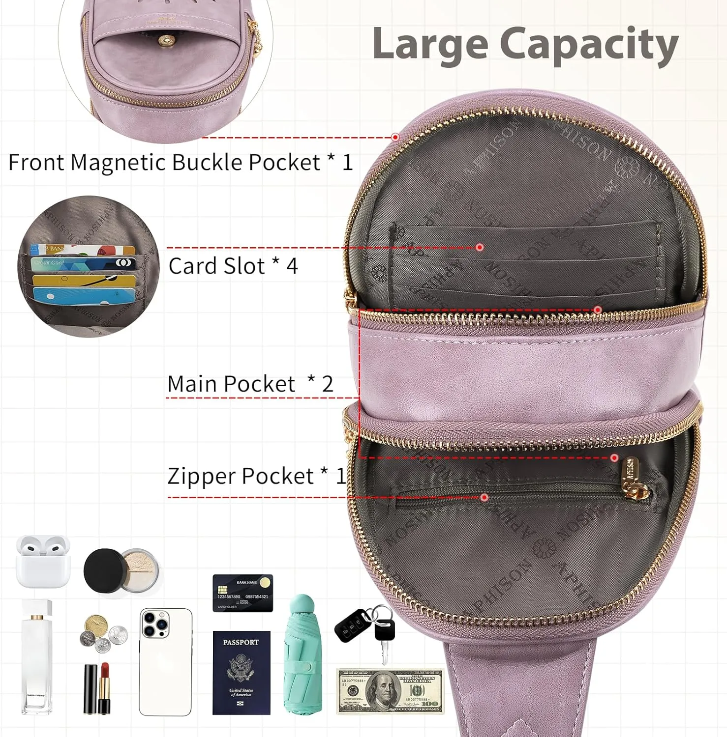 APHISON Small Sling Bag Fanny Packs Cell Phone Purse Vegan Leather Crossbody Bags for Women Chest Bag with Adjustable Strap Purple