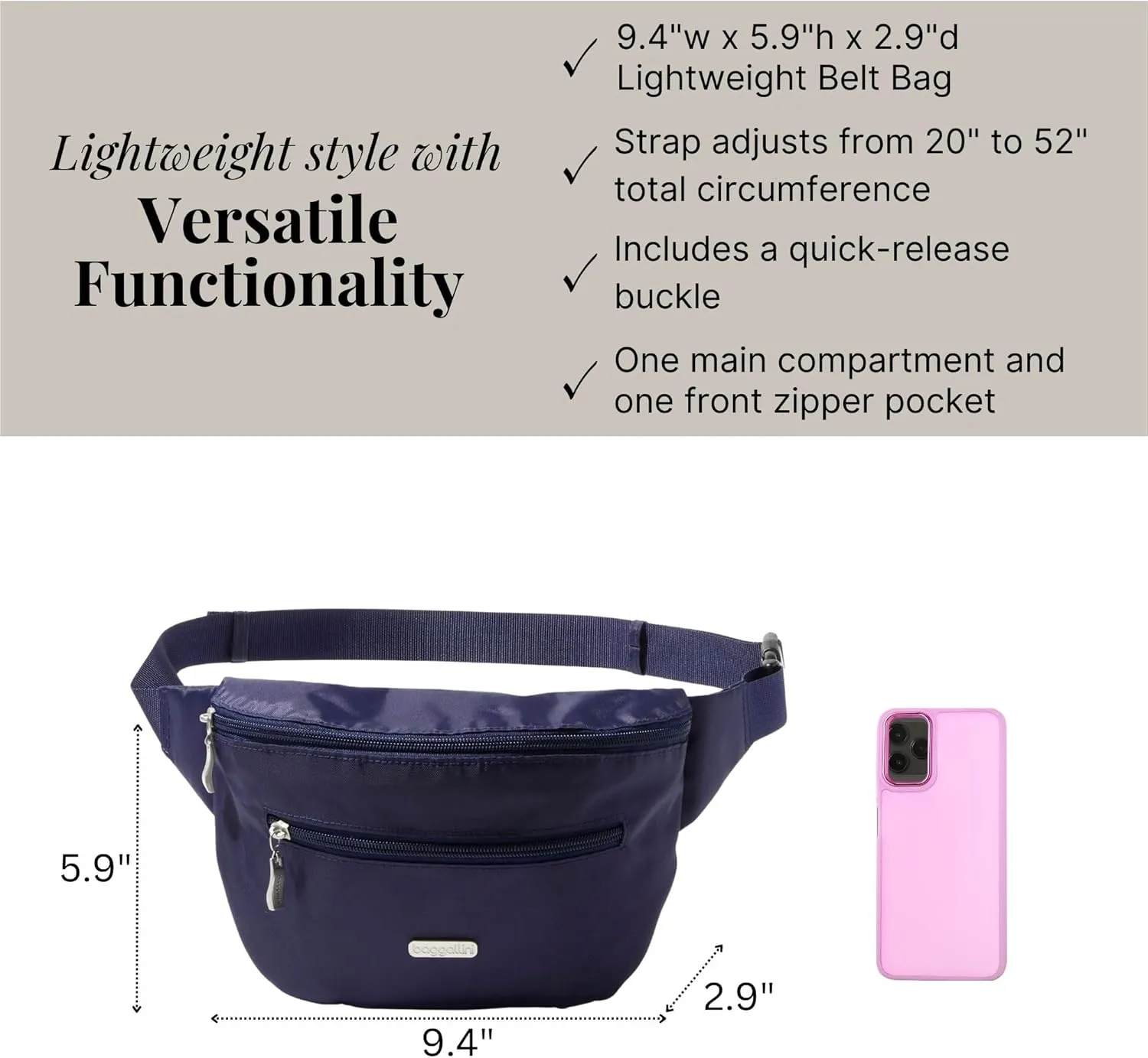 Baggallini Essential Belt Bag-9x6 Crossbody Fanny Waist Pack W/RFID & Adjustable Strap