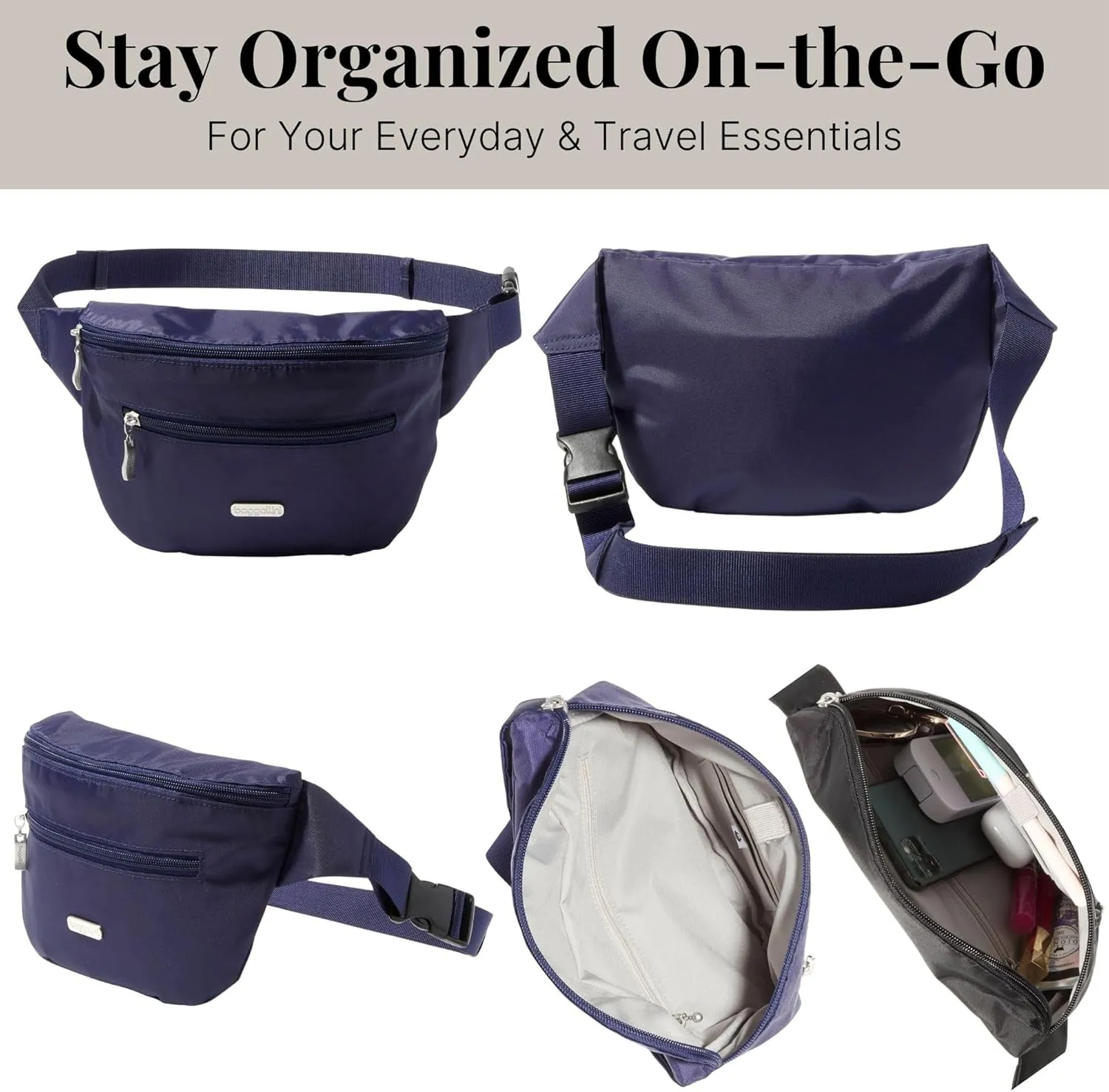 Baggallini Essential Belt Bag-9x6 Crossbody Fanny Waist Pack W/RFID & Adjustable Strap