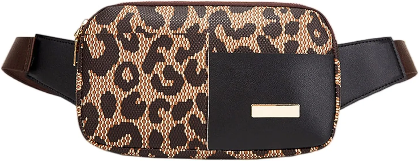Belt Bag Crossbody Fanny Pack for Women Men - PU Leather Fashionable Waist Pouch for Travel Bum Purse with Extender Strap Medium Plus Size Trendy Waterproof | Workout/Traveling/Running (Leopard Brown)