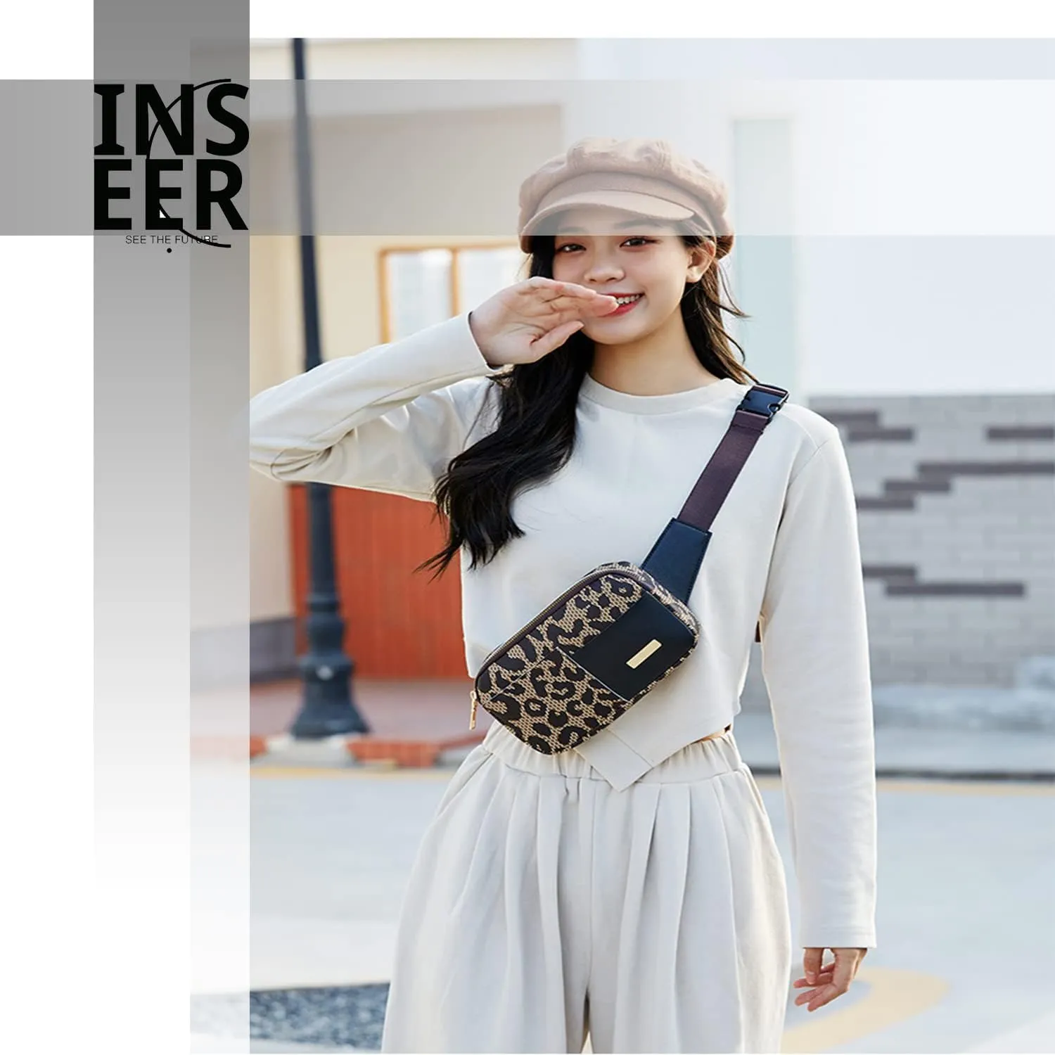 Belt Bag Crossbody Fanny Pack for Women Men - PU Leather Fashionable Waist Pouch for Travel Bum Purse with Extender Strap Medium Plus Size Trendy Waterproof | Workout/Traveling/Running (Leopard Brown)