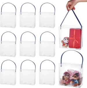 BENECREAT 10 Sets Clear PVC Favor Boxes with Blue Leather Handle, 7.8x3.9x7.8Inch Transparent Favor Bags for Candy Chocolate, Party Favors, Gift Packaging