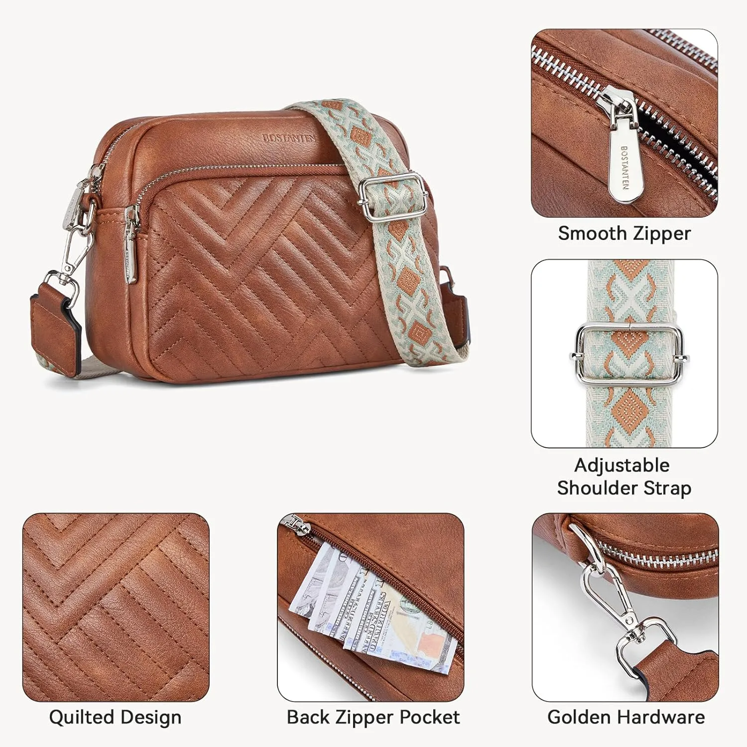 BOSTANTEN Quilted Crossbody Bags for Women Vegan Leather Purses Small Shoulder Handbags with Wide Strap