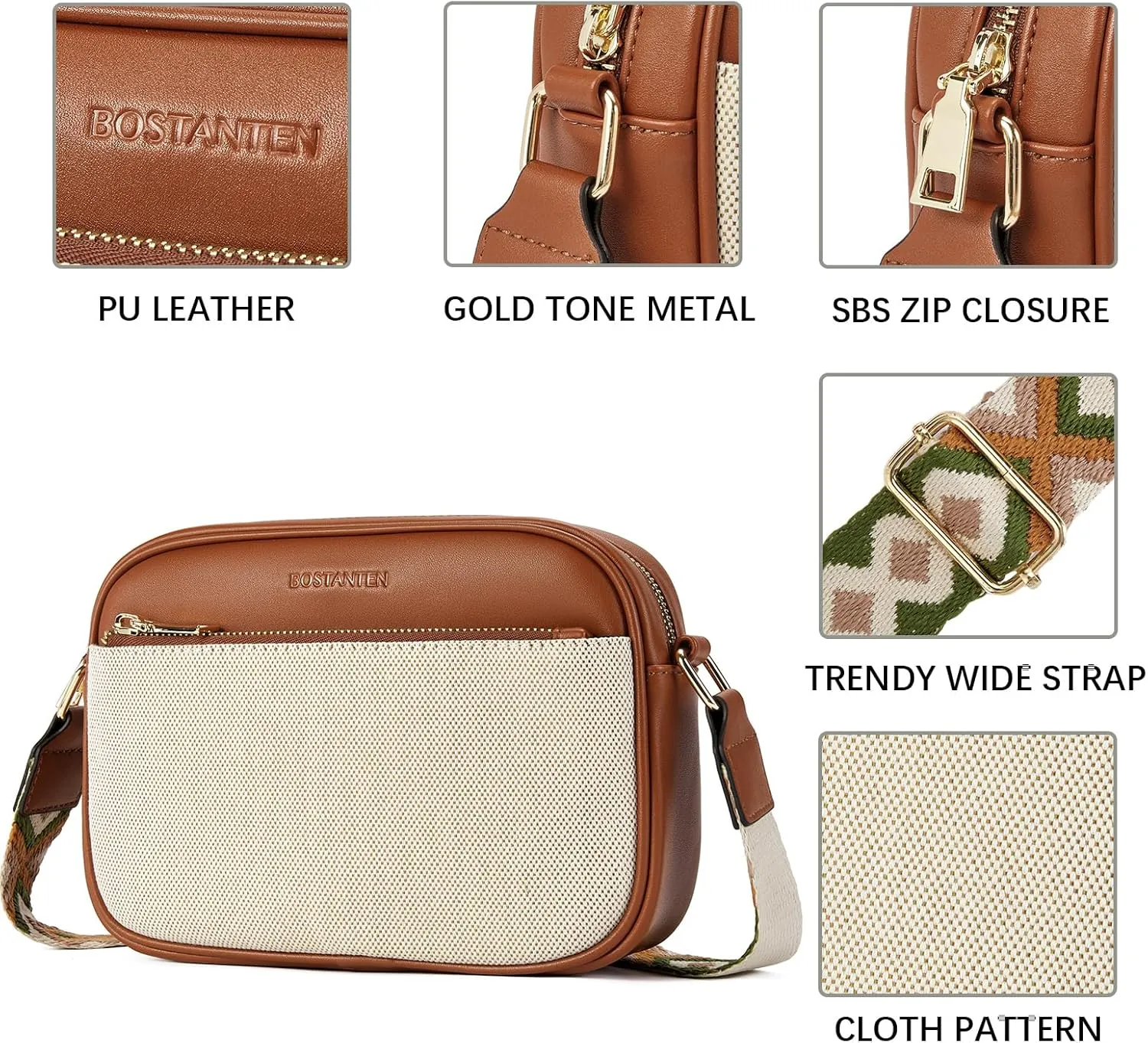 BOSTANTEN Quilted Crossbody Bags for Women Vegan Leather Purses Small Shoulder Handbags with Wide Strap