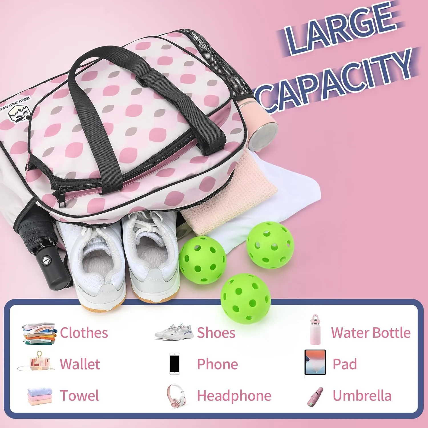 Boulder Bee Pickleball Bags, Premium Pickleball Tote Bag for Girls, Women’s Hand/Shoulder Gym Bag w Water Bottle Holder, with Pickleball Racquet/Paddle Holder