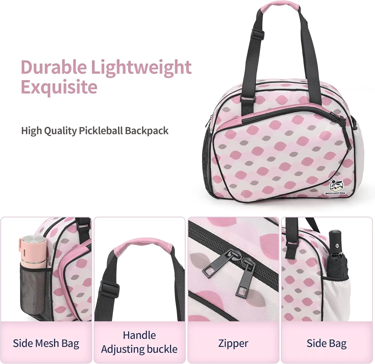 Boulder Bee Pickleball Bags, Premium Pickleball Tote Bag for Girls, Women’s Hand/Shoulder Gym Bag w Water Bottle Holder, with Pickleball Racquet/Paddle Holder