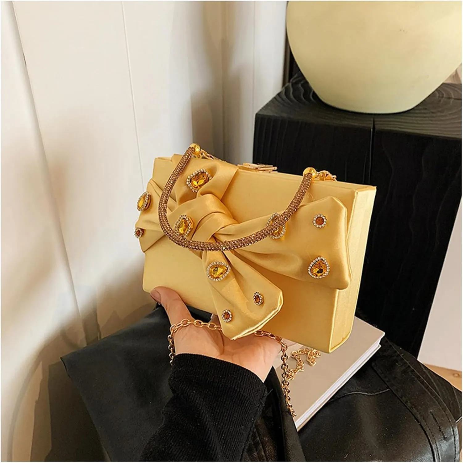 Bow Purse for Women Dressy Luxury Rhinestone Party Bag Satin Box Clutch Small Metallic Bow Purse Bling Wedding Handbag