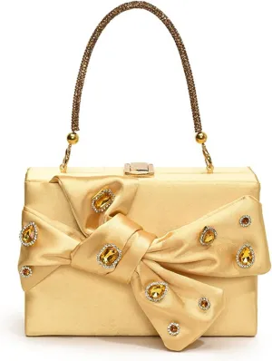 Bow Purse for Women Dressy Luxury Rhinestone Party Bag Satin Box Clutch Small Metallic Bow Purse Bling Wedding Handbag