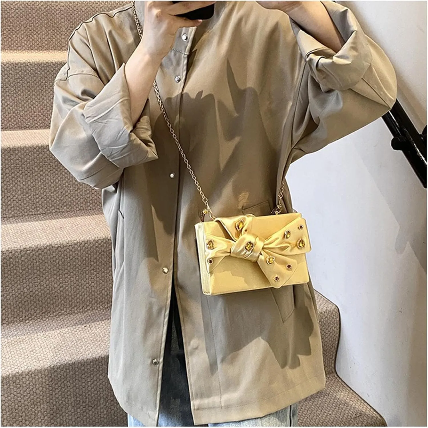 Bow Purse for Women Dressy Luxury Rhinestone Party Bag Satin Box Clutch Small Metallic Bow Purse Bling Wedding Handbag
