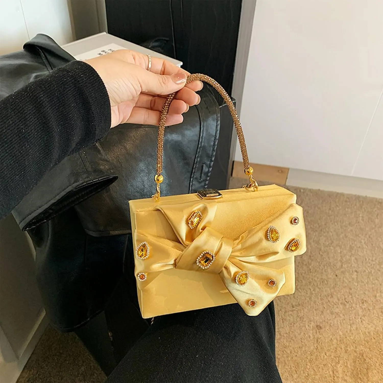 Bow Purse for Women Dressy Luxury Rhinestone Party Bag Satin Box Clutch Small Metallic Bow Purse Bling Wedding Handbag