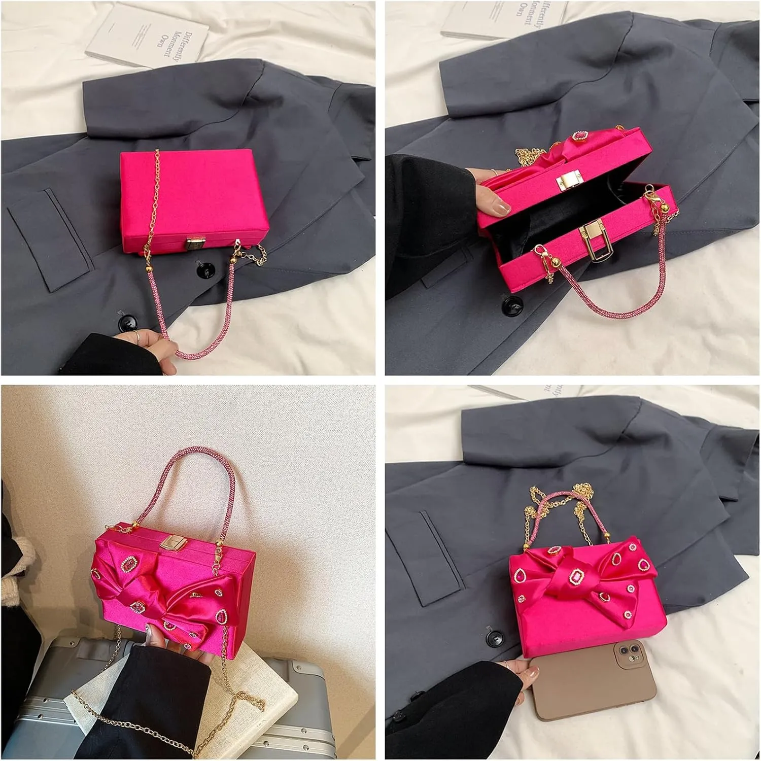 Bow Purse for Women Dressy Luxury Rhinestone Party Bag Satin Box Clutch Small Metallic Bow Purse Bling Wedding Handbag