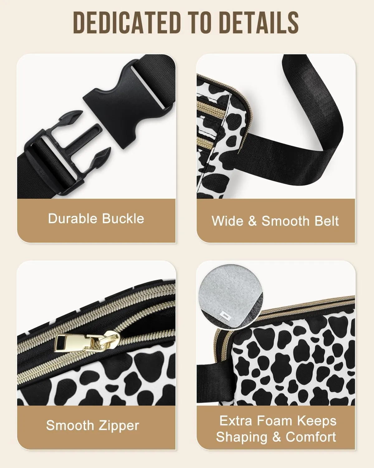 Capolo Fanny Packs for Women Fashion Waist Packs Bag with Adjustable Strap and 4 Zipper Pockets Waterproof Everywhere Crossbody Belt Bag for Workout Running Travelling(Cow Print)