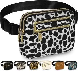 Capolo Fanny Packs for Women Fashion Waist Packs Bag with Adjustable Strap and 4 Zipper Pockets Waterproof Everywhere Crossbody Belt Bag for Workout Running Travelling(Cow Print)
