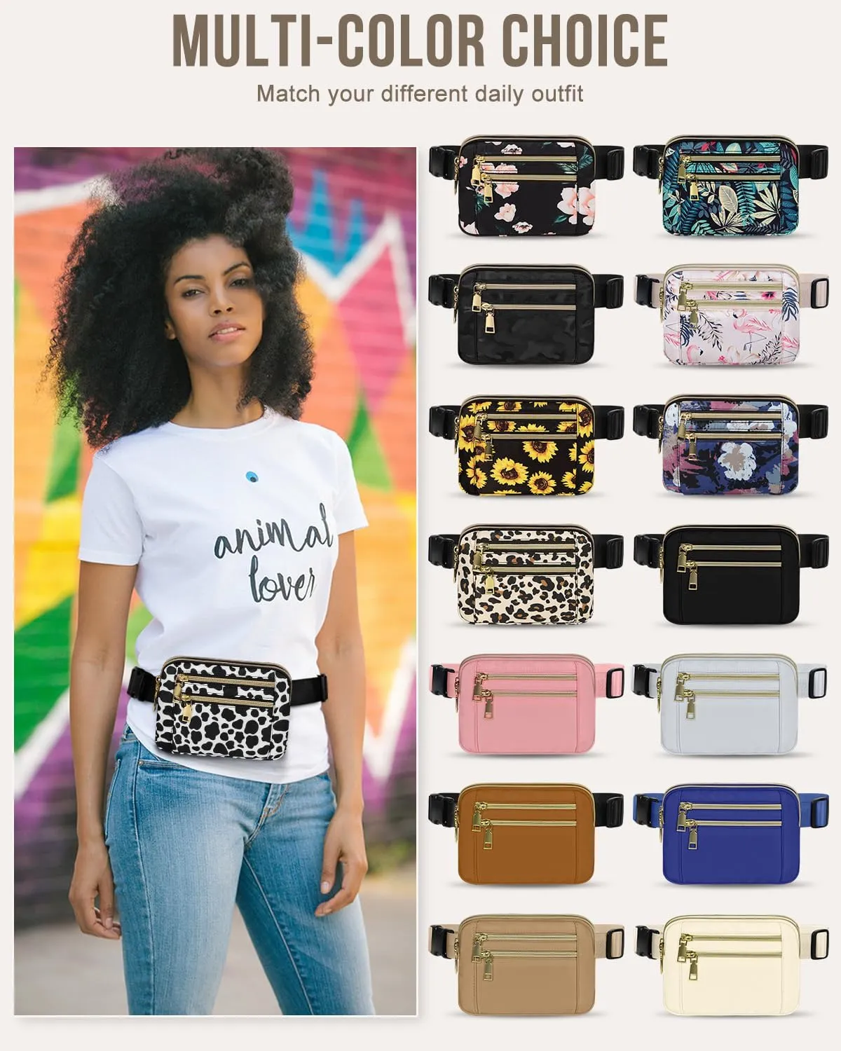 Capolo Fanny Packs for Women Fashion Waist Packs Bag with Adjustable Strap and 4 Zipper Pockets Waterproof Everywhere Crossbody Belt Bag for Workout Running Travelling(Cow Print)