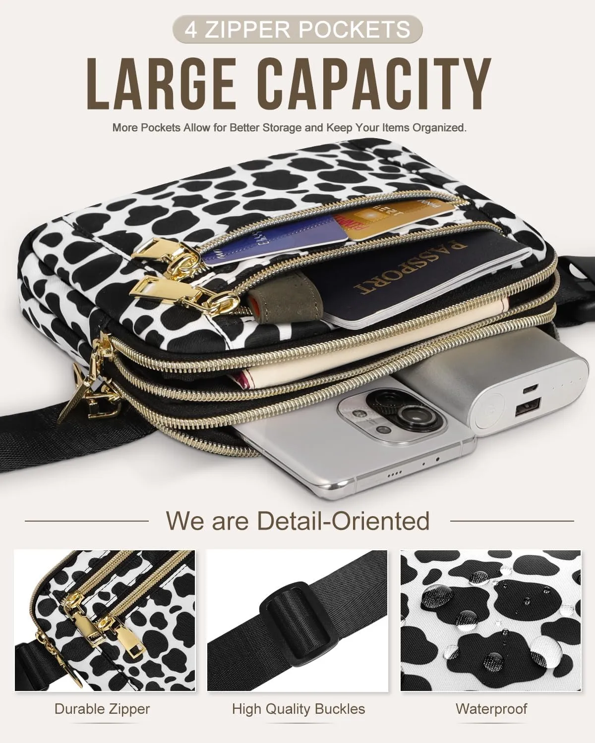 Capolo Fanny Packs for Women Fashion Waist Packs Bag with Adjustable Strap and 4 Zipper Pockets Waterproof Everywhere Crossbody Belt Bag for Workout Running Travelling(Cow Print)