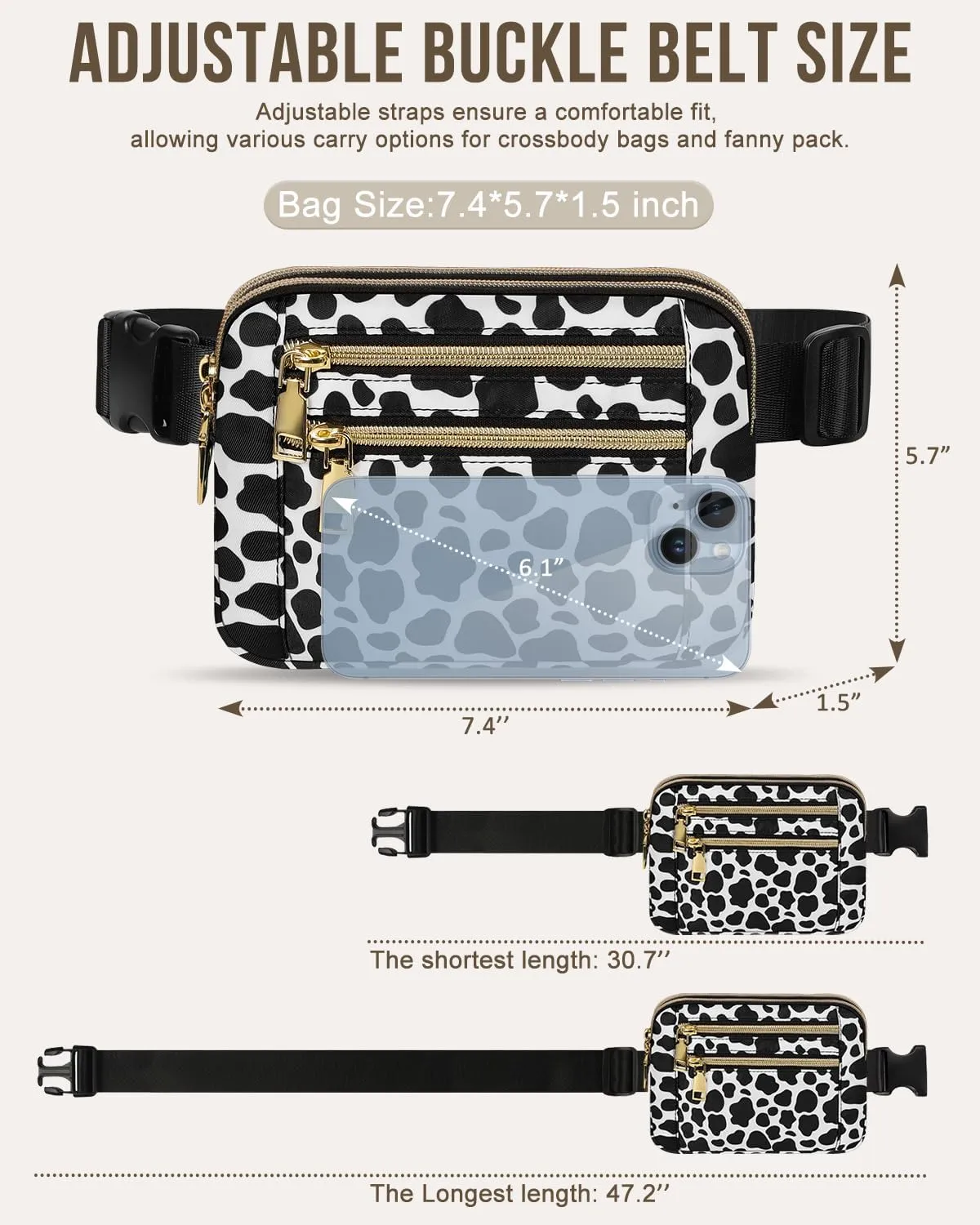 Capolo Fanny Packs for Women Fashion Waist Packs Bag with Adjustable Strap and 4 Zipper Pockets Waterproof Everywhere Crossbody Belt Bag for Workout Running Travelling(Cow Print)