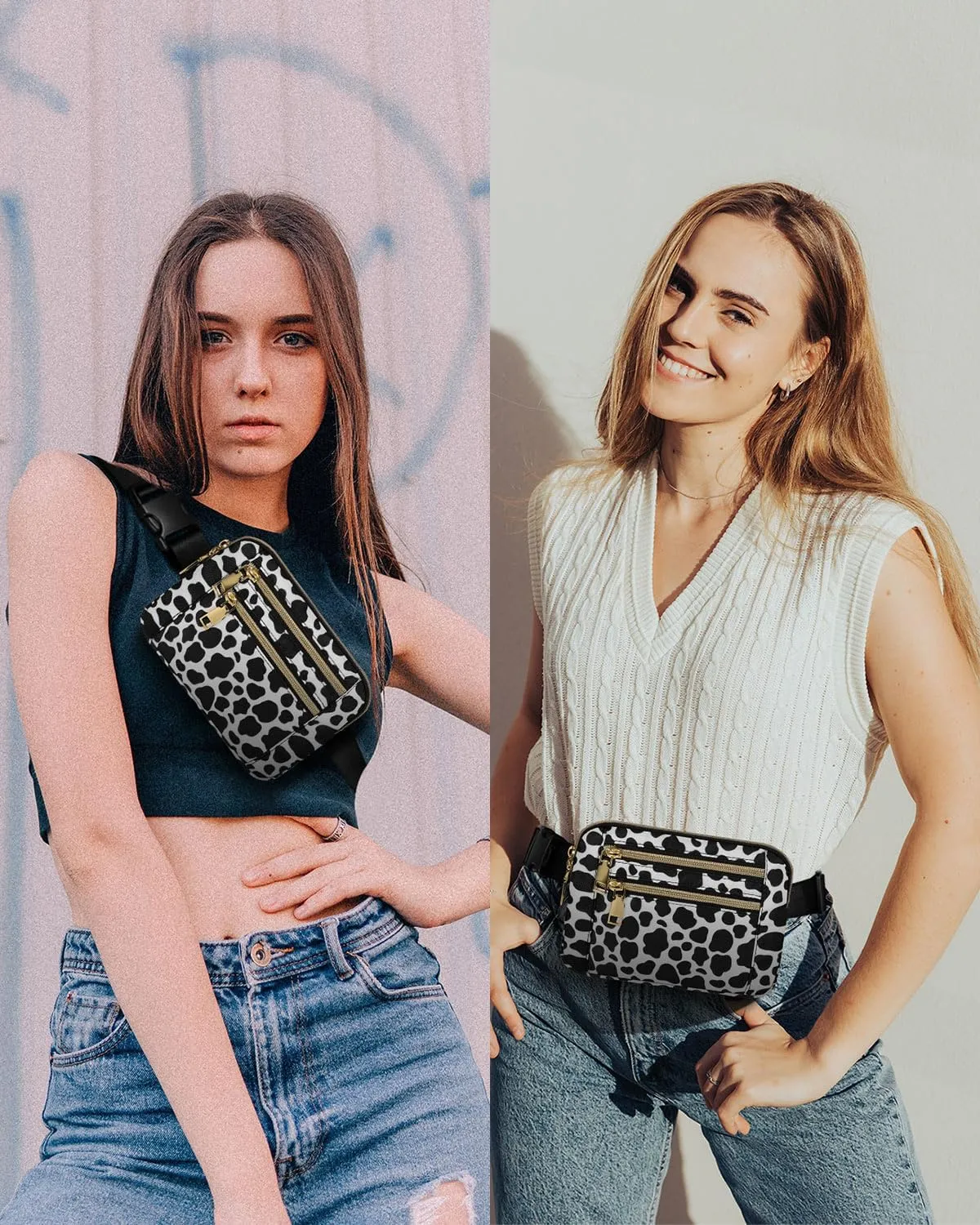 Capolo Fanny Packs for Women Fashion Waist Packs Bag with Adjustable Strap and 4 Zipper Pockets Waterproof Everywhere Crossbody Belt Bag for Workout Running Travelling(Cow Print)